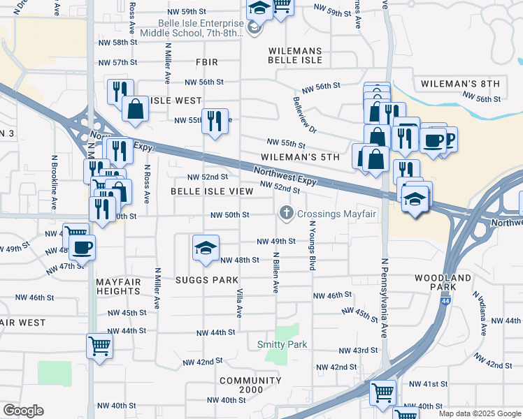 map of restaurants, bars, coffee shops, grocery stores, and more near 2413 Northwest 50th Street in Oklahoma City