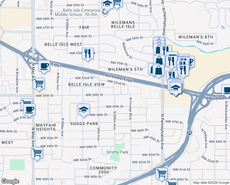 map of restaurants, bars, coffee shops, grocery stores, and more near 5200 North Billen Avenue in Oklahoma City