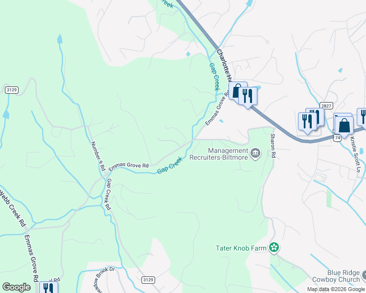 map of restaurants, bars, coffee shops, grocery stores, and more near 2096 Emmas Grove Road in Fairview