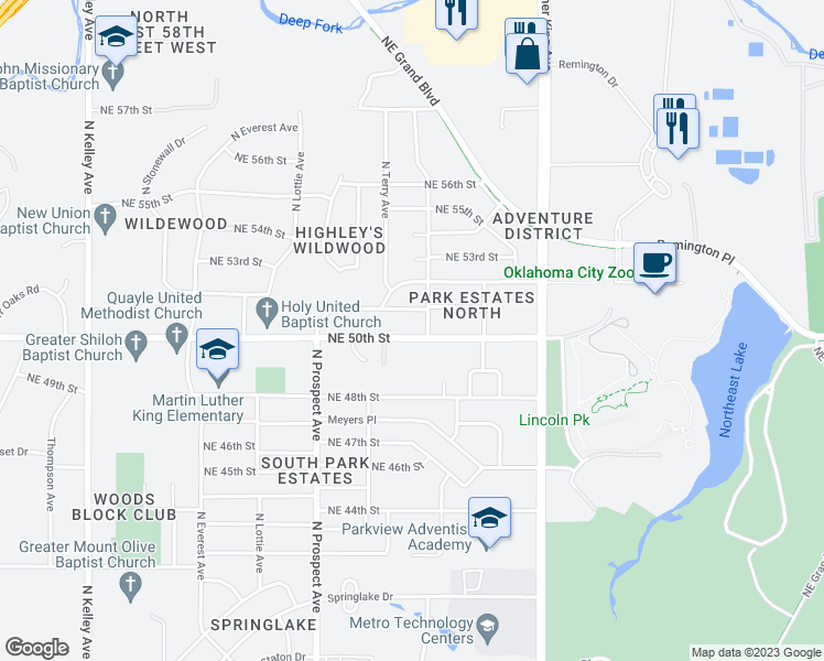 map of restaurants, bars, coffee shops, grocery stores, and more near 1639 Northeast 50th Street in Oklahoma City