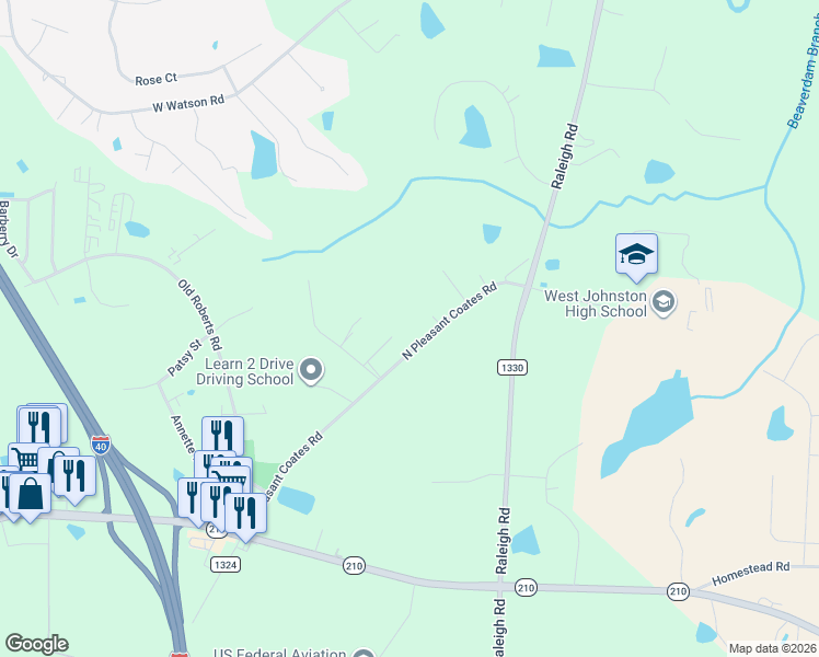 map of restaurants, bars, coffee shops, grocery stores, and more near 332 North Pleasant Coates Road in Benson