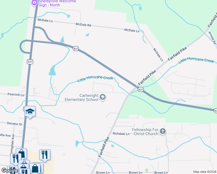 map of restaurants, bars, coffee shops, grocery stores, and more near State Highway 437 in Shelbyville