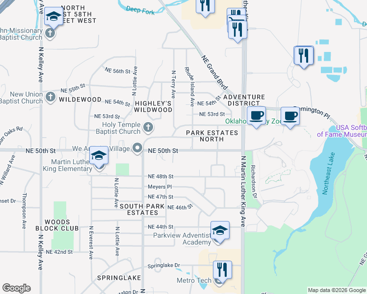map of restaurants, bars, coffee shops, grocery stores, and more near 1712 Northeast 51st Street in Oklahoma City