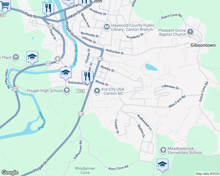 map of restaurants, bars, coffee shops, grocery stores, and more near 76 Poplar Street in Canton