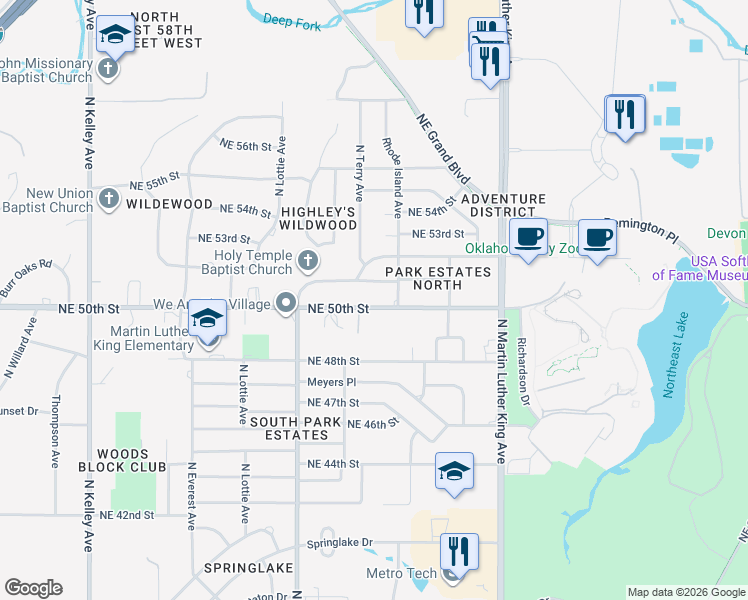 map of restaurants, bars, coffee shops, grocery stores, and more near 1712 Northeast 51st Street in Oklahoma City