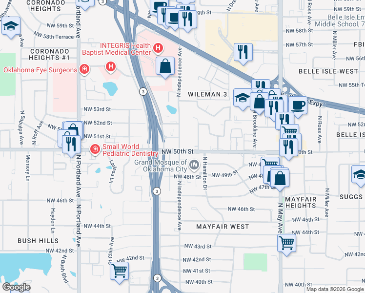 map of restaurants, bars, coffee shops, grocery stores, and more near 3301 Northwest 50th Street in Oklahoma City