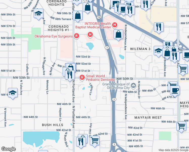 map of restaurants, bars, coffee shops, grocery stores, and more near 3506 Northwest 51st Street in Oklahoma City