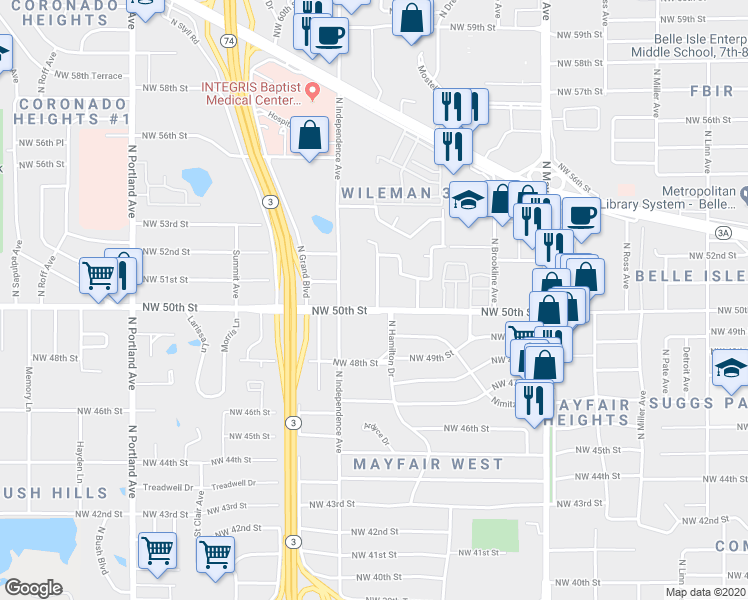 map of restaurants, bars, coffee shops, grocery stores, and more near 3209 Northwest 50th Street in Oklahoma City