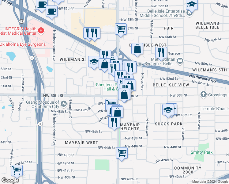 map of restaurants, bars, coffee shops, grocery stores, and more near 5101 North May Avenue in Oklahoma City
