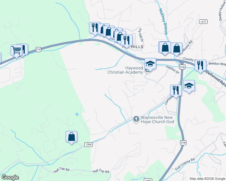 map of restaurants, bars, coffee shops, grocery stores, and more near 315-359 Messer Road in Waynesville