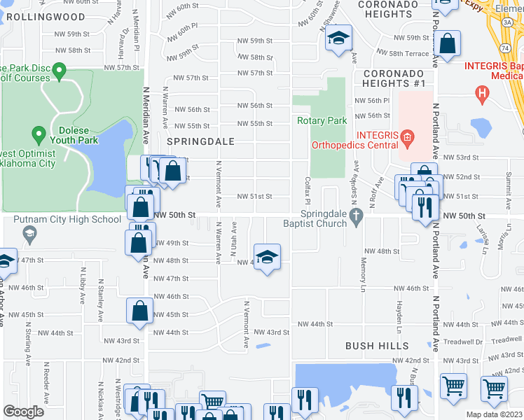 map of restaurants, bars, coffee shops, grocery stores, and more near 4129 Northwest 50th Street in Oklahoma City