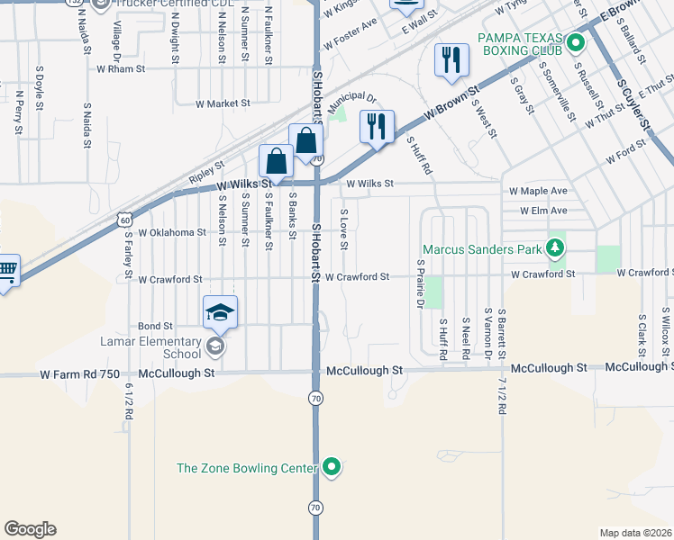 map of restaurants, bars, coffee shops, grocery stores, and more near 1000-1030 South Love Street in Pampa
