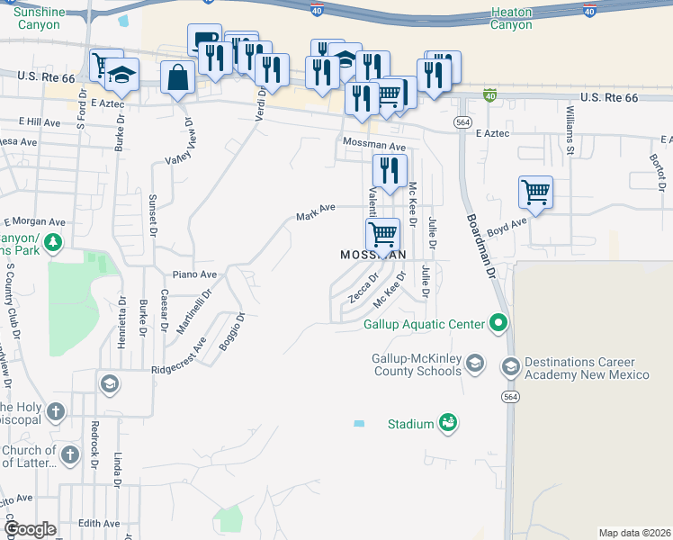 map of restaurants, bars, coffee shops, grocery stores, and more near 1917 Meritt Ln in Gallup