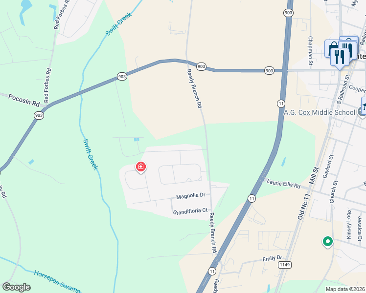 map of restaurants, bars, coffee shops, grocery stores, and more near Copper Creek Drive in Winterville