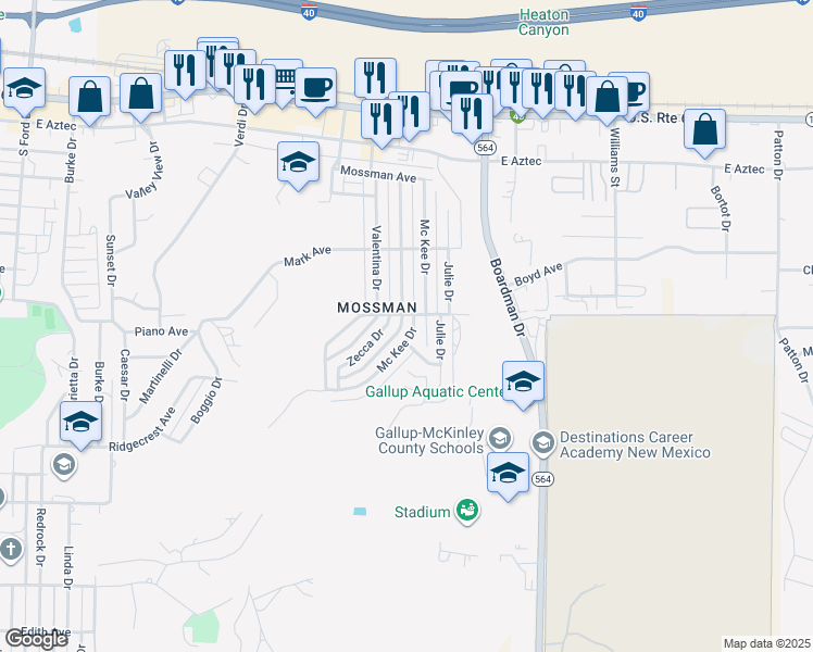 map of restaurants, bars, coffee shops, grocery stores, and more near 420 Zecca Drive in Gallup
