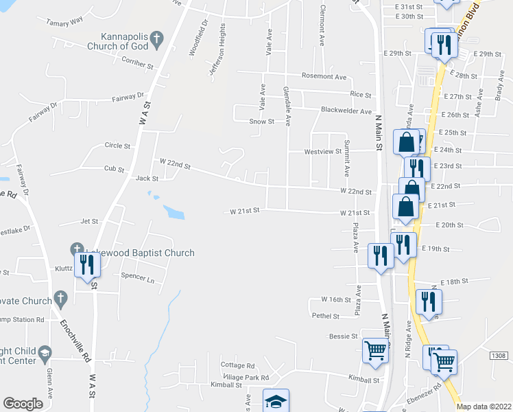 map of restaurants, bars, coffee shops, grocery stores, and more near 506 West 21st Street in Kannapolis