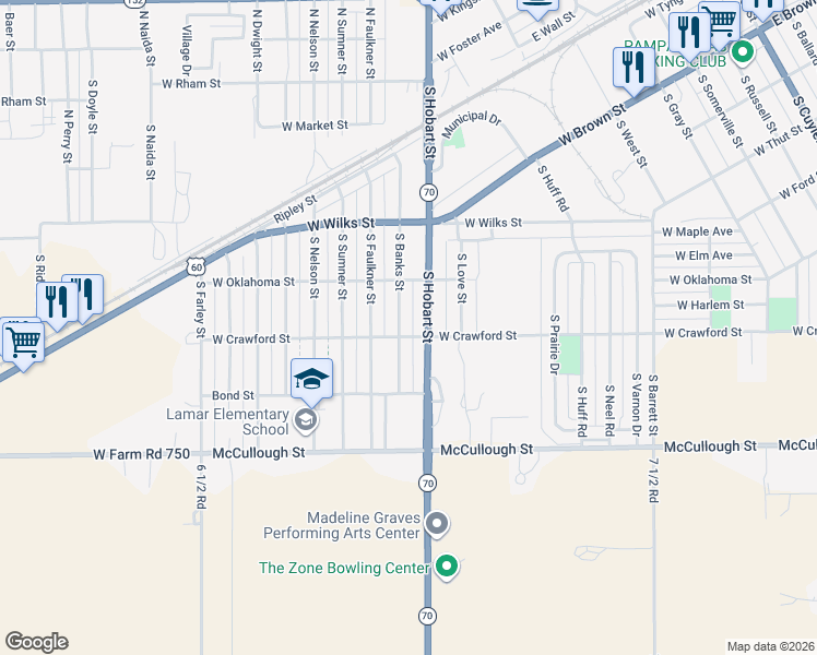 map of restaurants, bars, coffee shops, grocery stores, and more near 1001-1099 South Banks Street in Pampa