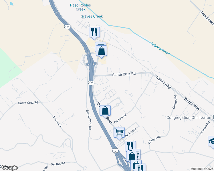 map of restaurants, bars, coffee shops, grocery stores, and more near 5529 Madrono Place in Atascadero