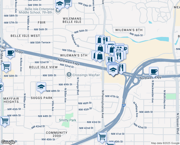 map of restaurants, bars, coffee shops, grocery stores, and more near 2205 Northwest 52nd Street in Oklahoma City