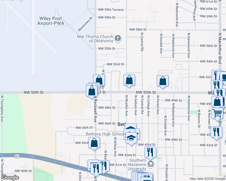 map of restaurants, bars, coffee shops, grocery stores, and more near 5105 North Willow Avenue in Bethany