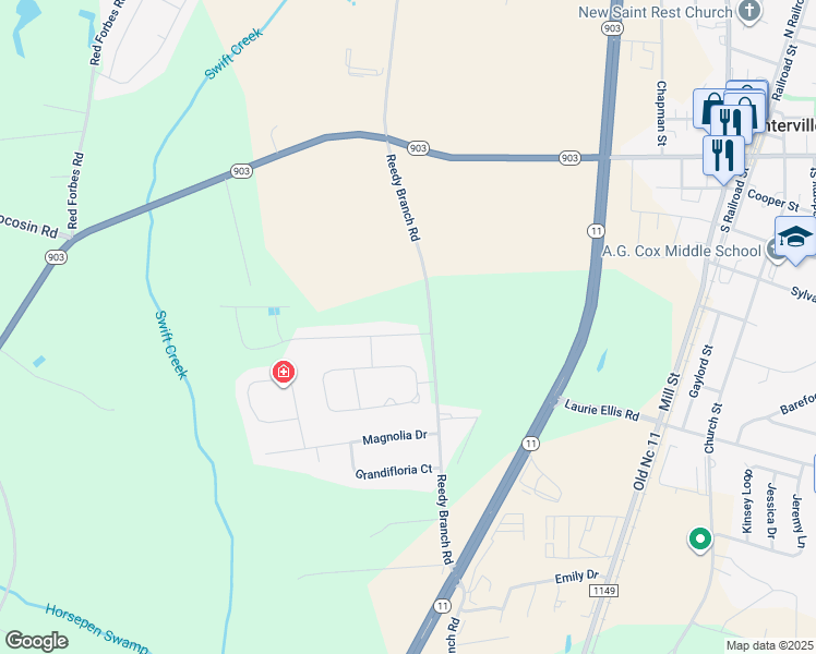 map of restaurants, bars, coffee shops, grocery stores, and more near 220 Cooper Street in Winterville