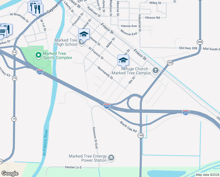 map of restaurants, bars, coffee shops, grocery stores, and more near 506 7th Street in Marked Tree
