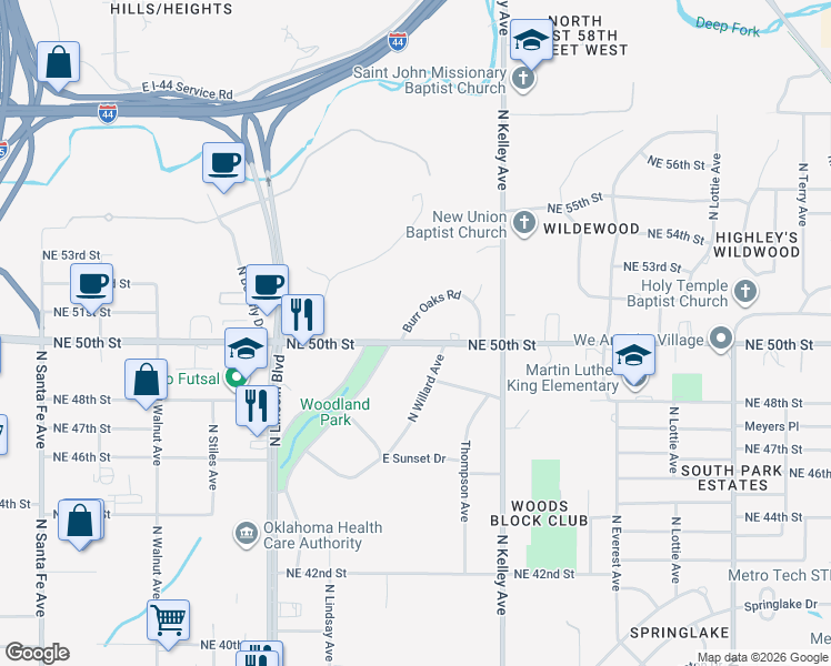 map of restaurants, bars, coffee shops, grocery stores, and more near 5104 Burr Oaks Road in Oklahoma City