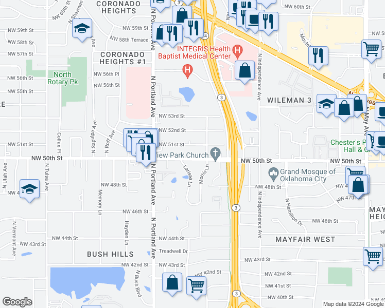 map of restaurants, bars, coffee shops, grocery stores, and more near 3506 Northwest 51st Street in Oklahoma City