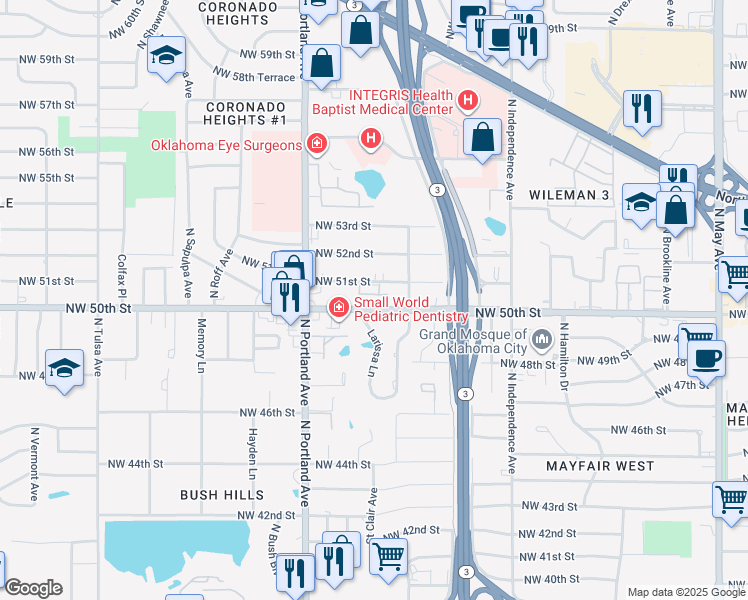 map of restaurants, bars, coffee shops, grocery stores, and more near 3536 Northwest 51st Street in Oklahoma City