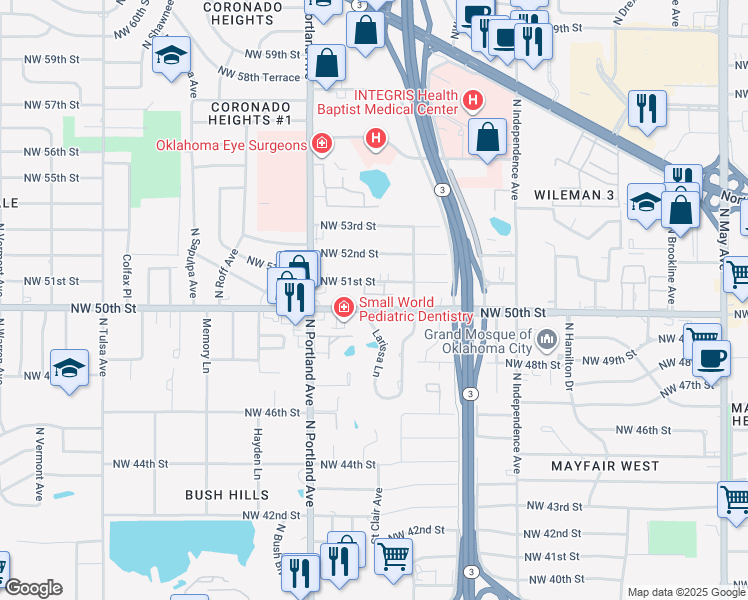map of restaurants, bars, coffee shops, grocery stores, and more near 3536 Northwest 51st Street in Oklahoma City