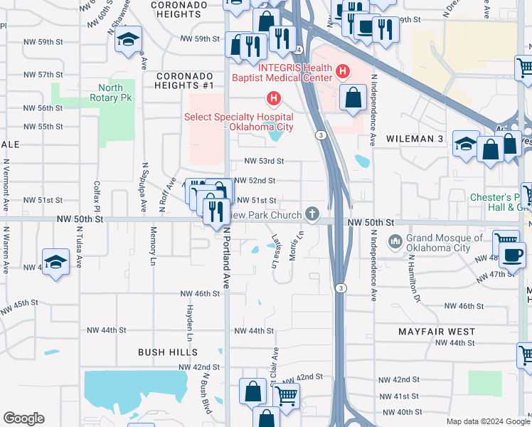 map of restaurants, bars, coffee shops, grocery stores, and more near 3536 Northwest 51st Street in Oklahoma City