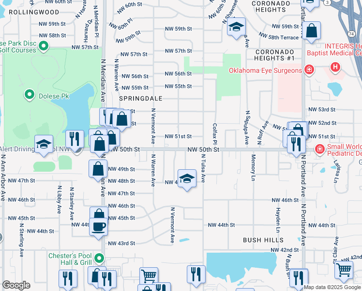 map of restaurants, bars, coffee shops, grocery stores, and more near 4136 Northwest 51st Street in Oklahoma City