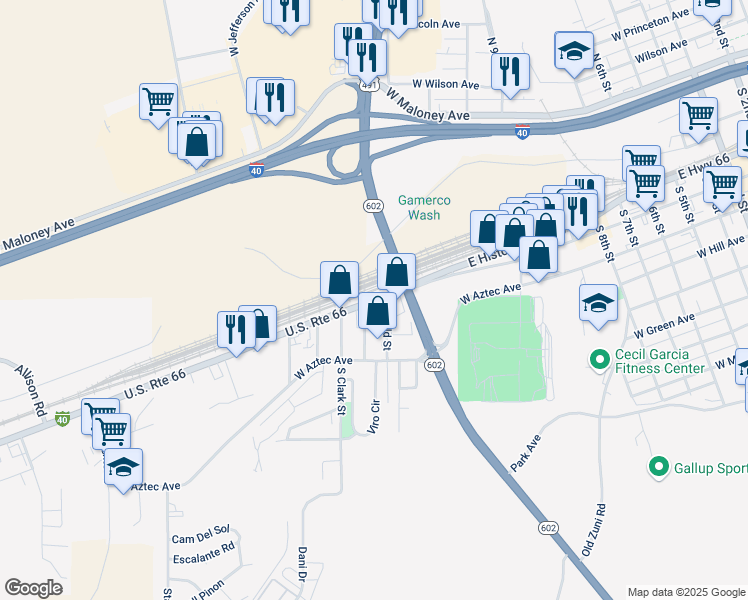map of restaurants, bars, coffee shops, grocery stores, and more near 1438 Route 66 in Gallup