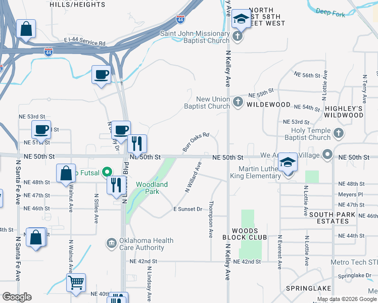 map of restaurants, bars, coffee shops, grocery stores, and more near 5104 Burr Oaks Road in Oklahoma City