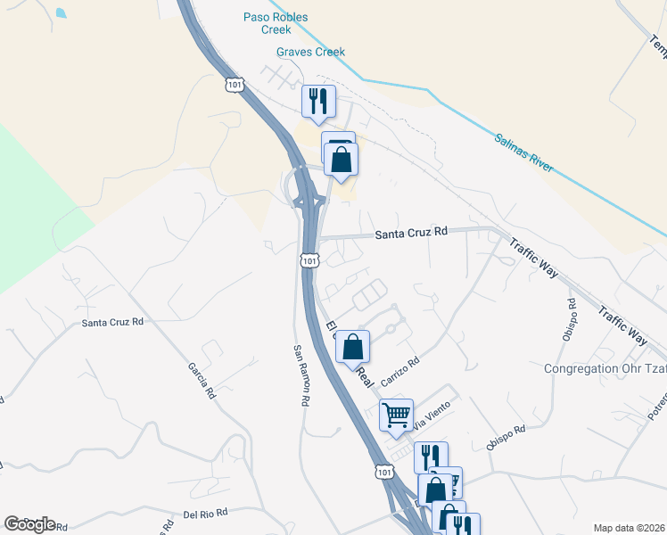 map of restaurants, bars, coffee shops, grocery stores, and more near 1055 El Camino Real in Atascadero