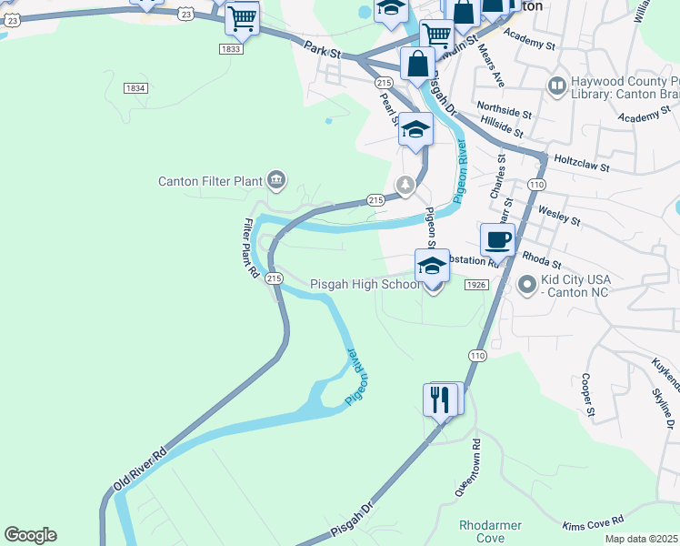 map of restaurants, bars, coffee shops, grocery stores, and more near 20 Pisgah School Road in Canton