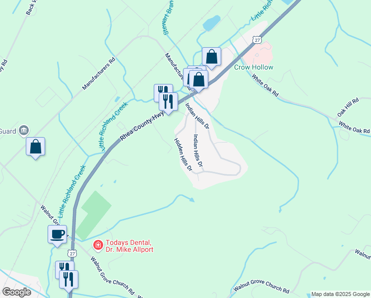 map of restaurants, bars, coffee shops, grocery stores, and more near 353 Hidden Hills Drive in Dayton