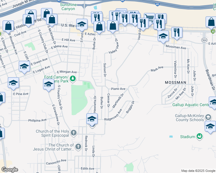 map of restaurants, bars, coffee shops, grocery stores, and more near 1204 Fairway Drive in Gallup