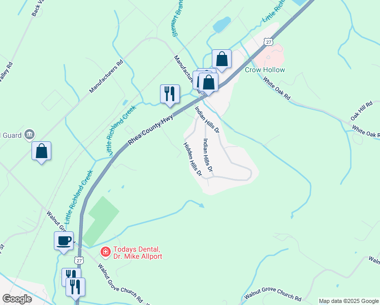 map of restaurants, bars, coffee shops, grocery stores, and more near 353 Hidden Hills Drive in Dayton