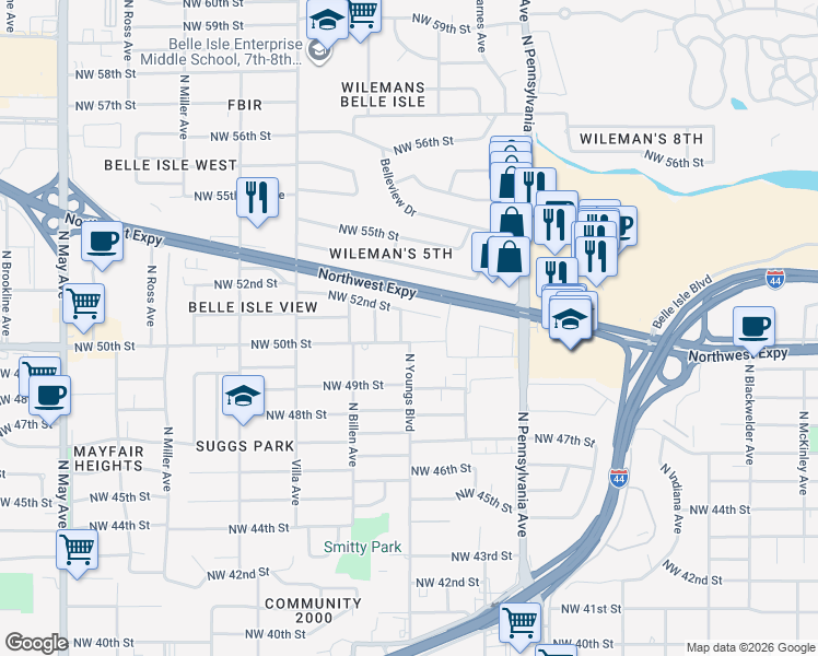 map of restaurants, bars, coffee shops, grocery stores, and more near 5119 North Youngs Boulevard in Oklahoma City