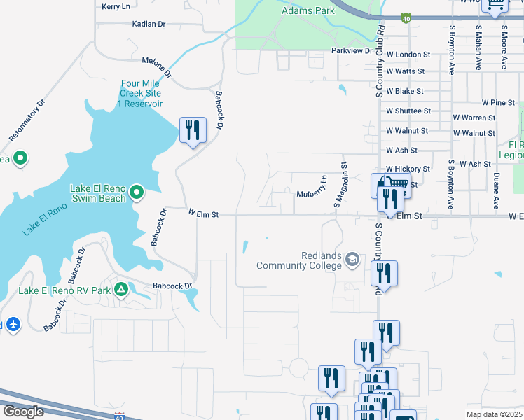 map of restaurants, bars, coffee shops, grocery stores, and more near 1212 Crimson Creek Circle in El Reno