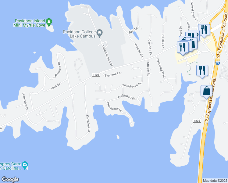 map of restaurants, bars, coffee shops, grocery stores, and more near 215 Southhaven Drive in Mooresville