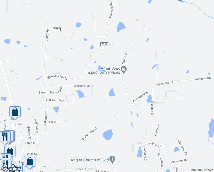 map of restaurants, bars, coffee shops, grocery stores, and more near 143 Rack Court in Harnett County