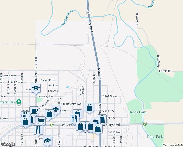 map of restaurants, bars, coffee shops, grocery stores, and more near 740 North 5th Street in Clinton