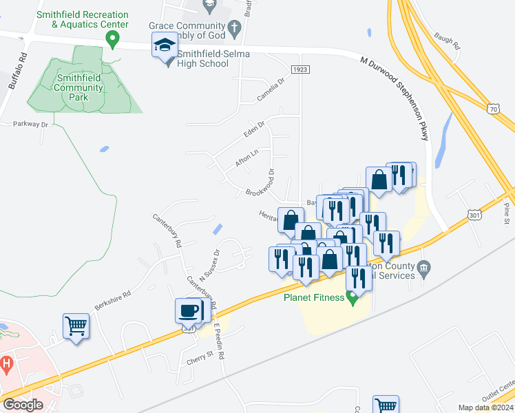 map of restaurants, bars, coffee shops, grocery stores, and more near 128 Heritage Drive in Smithfield