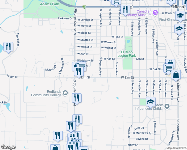 map of restaurants, bars, coffee shops, grocery stores, and more near 1500 West Elm Street in El Reno