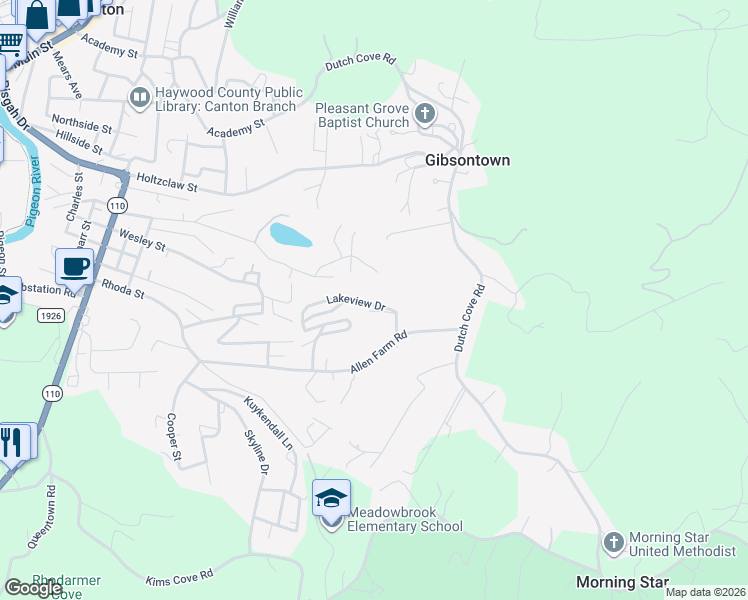 map of restaurants, bars, coffee shops, grocery stores, and more near 39 Lakeview Drive in Canton