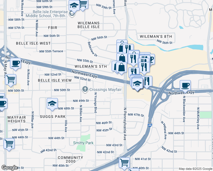 map of restaurants, bars, coffee shops, grocery stores, and more near 2220 Northwest 52nd Street in Oklahoma City