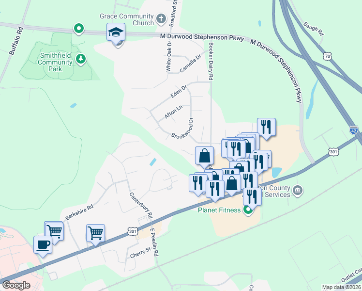 map of restaurants, bars, coffee shops, grocery stores, and more near 124 Heritage Drive in Smithfield
