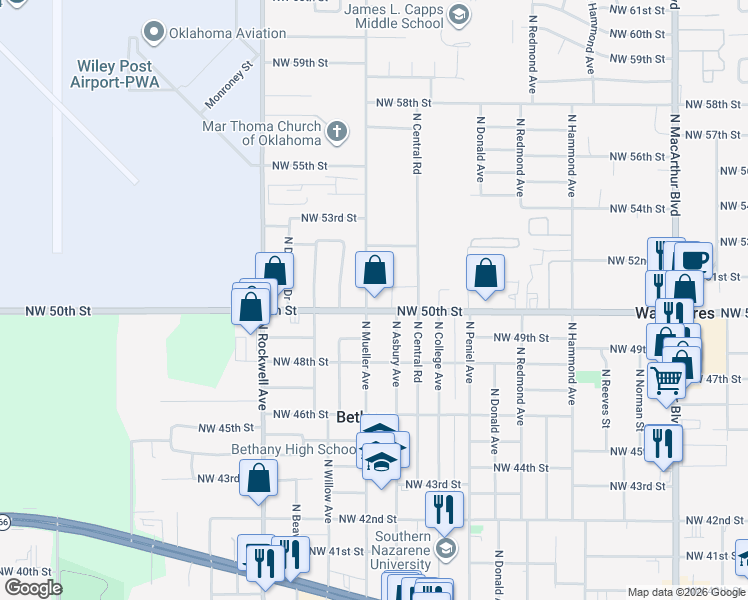 map of restaurants, bars, coffee shops, grocery stores, and more near 6735 Northwest 50th Street in Bethany